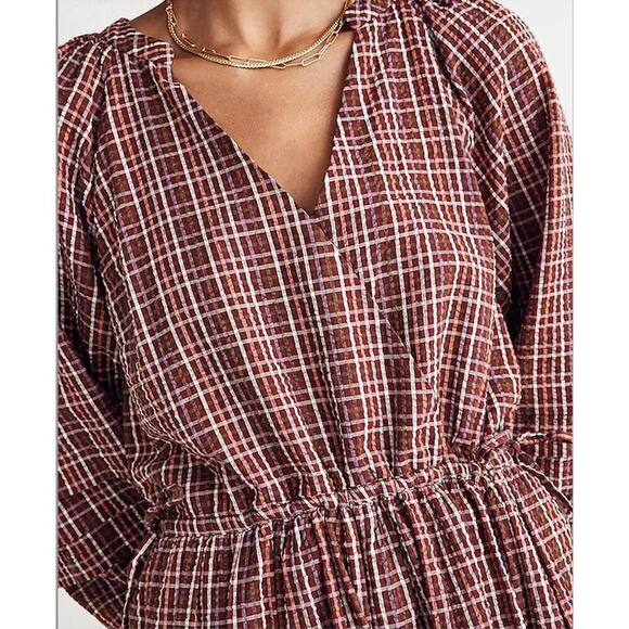 Madewell Seersucker Wrap Mini Dress in Dark Merlot Plaid Print Burgundy Red, XS‎ - Picture 6 of 16